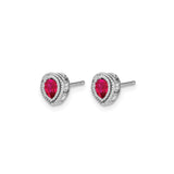 14k White Gold Teardrop Stud Earrings with Pear Shaped Ruby and Diamond Halo