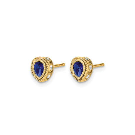 14k Yellow Gold Stud Earrings with Sapphire and Diamond, Pear Shape, Vintage Halo Style