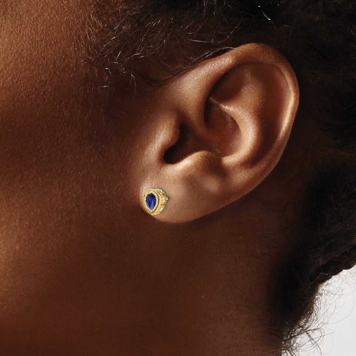 14k Yellow Gold Stud Earrings with Sapphire and Diamond, Pear Shape, Vintage Halo Style