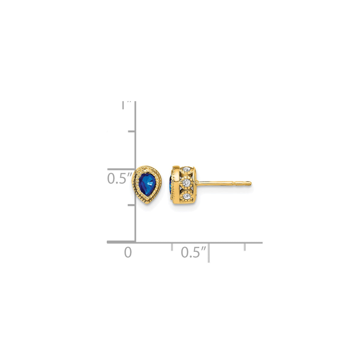14k Yellow Gold Stud Earrings with Sapphire and Diamond, Pear Shape, Vintage Halo Style