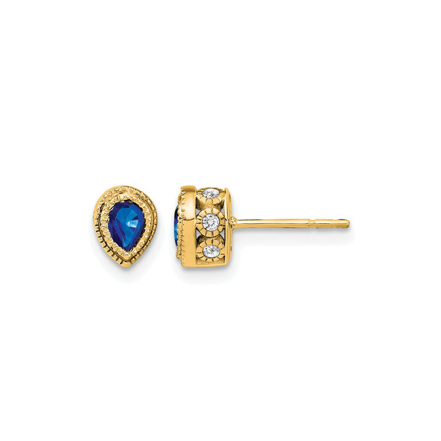 14k Yellow Gold Stud Earrings with Sapphire and Diamond, Pear Shape, Vintage Halo Style