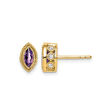 14k Yellow Gold Marquise Stud Earrings with Amethyst and Diamond Accent, Vintage Inspired Design