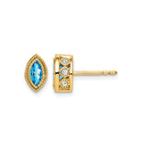 14k Yellow Gold Stud Earrings with Marquise Swiss Blue Topaz and Diamond Accents, Vintage Style