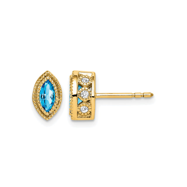 14k Yellow Gold Stud Earrings with Marquise Swiss Blue Topaz and Diamond Accents, Vintage Style
