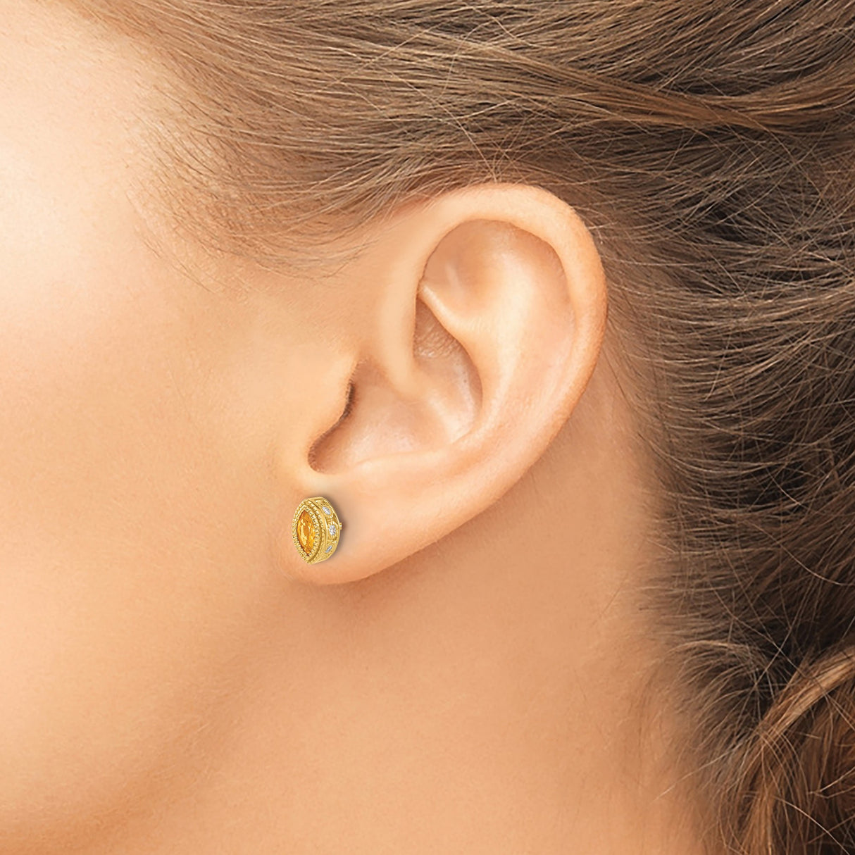 14k Yellow Gold Stud Earrings with Marquise Cut Citrine, Diamonds, and Milgrain Vintage Detailing