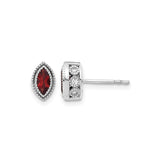 14k White Gold Stud Earrings with Marquise Garnet and Diamond, Vintage Style Milgrain Detail