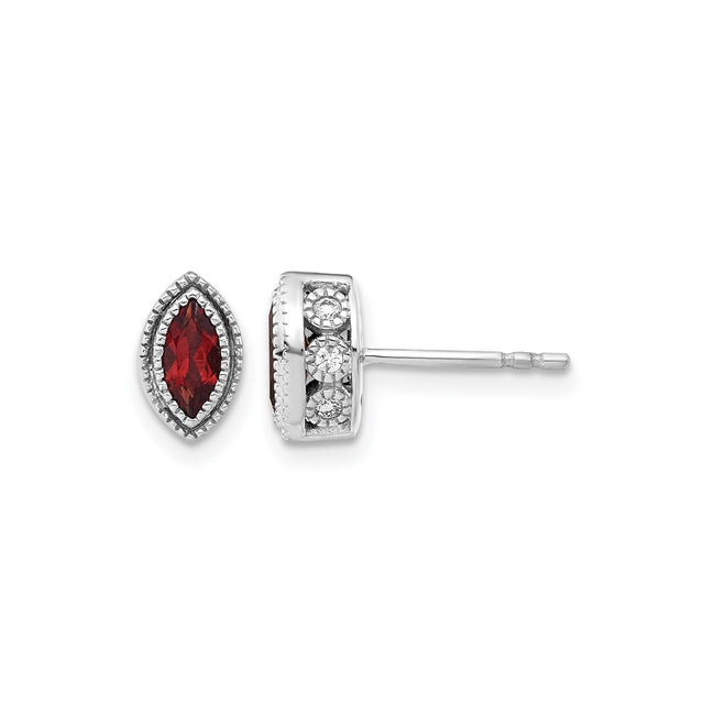 14k White Gold Stud Earrings with Marquise Garnet and Diamond, Vintage Style Milgrain Detail