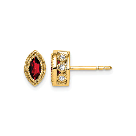 14k Yellow Gold Garnet Stud Earrings with Diamond Accents, Floral Filigree Design, Vintage Style