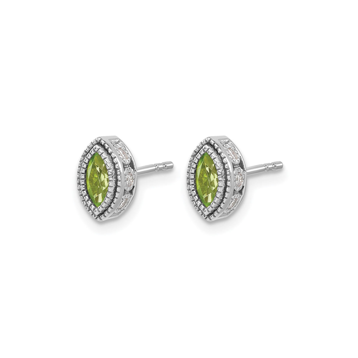 14k White Gold Stud Earrings with Marquise Cut Peridot and Diamond Halo