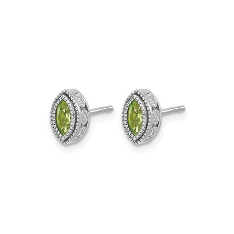 14k White Gold Stud Earrings with Marquise Cut Peridot and Diamond Halo