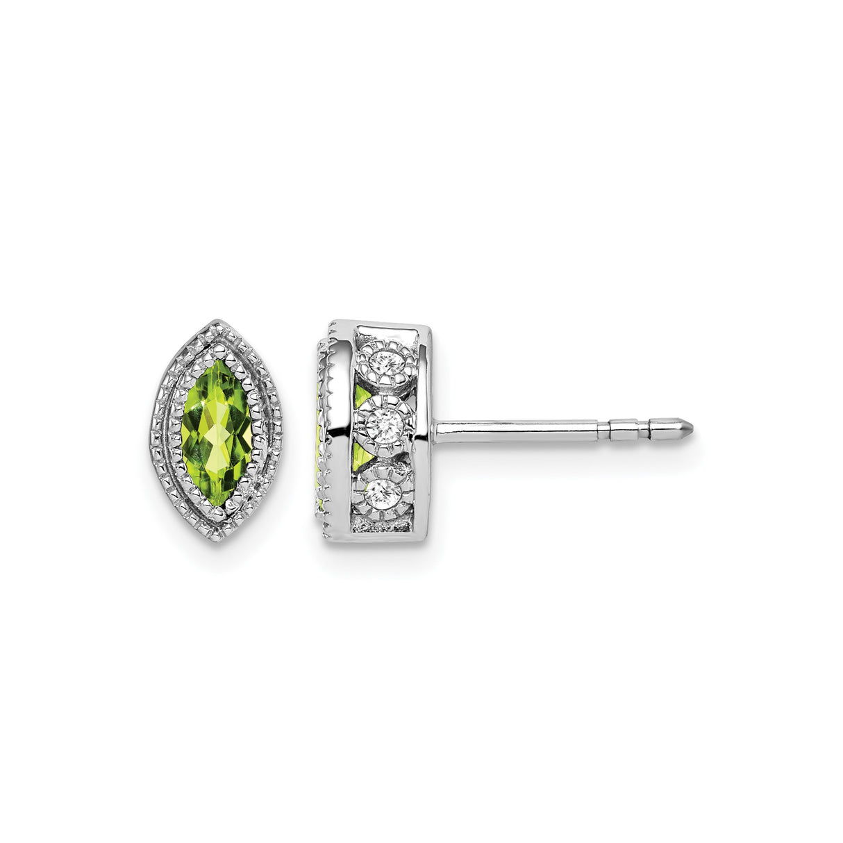 14k White Gold Stud Earrings with Marquise Cut Peridot and Diamond Halo