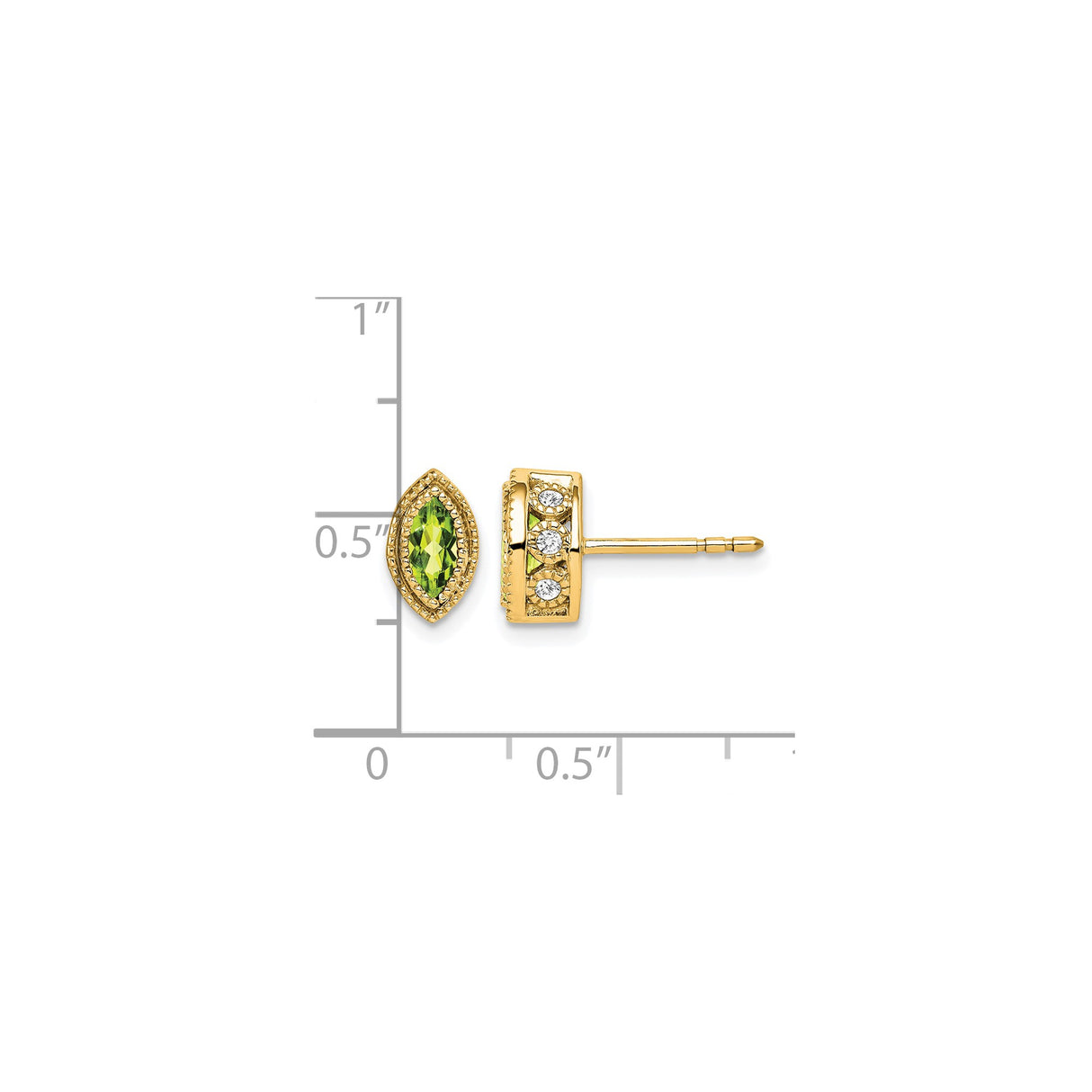 14k Yellow Gold Stud Earrings with Marquise Peridot and Cubic Zirconia, Vintage Inspired