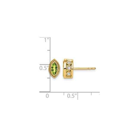 14k Yellow Gold Stud Earrings with Marquise Peridot and Cubic Zirconia, Vintage Inspired