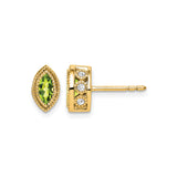 14k Yellow Gold Stud Earrings with Marquise Peridot and Cubic Zirconia, Vintage Inspired