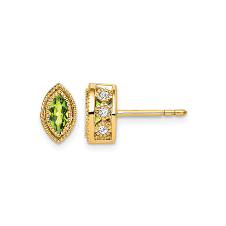 14k Yellow Gold Stud Earrings with Marquise Peridot and Cubic Zirconia, Vintage Inspired