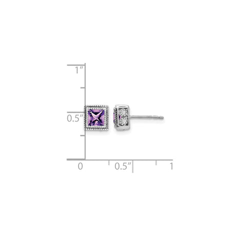 14k White Gold Amethyst Stud Earrings with Diamond Accents, Geometric Design