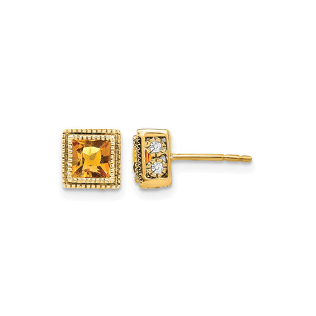 14k Yellow Gold Citrine Stud Earrings with Diamond Accents and Milgrain Border