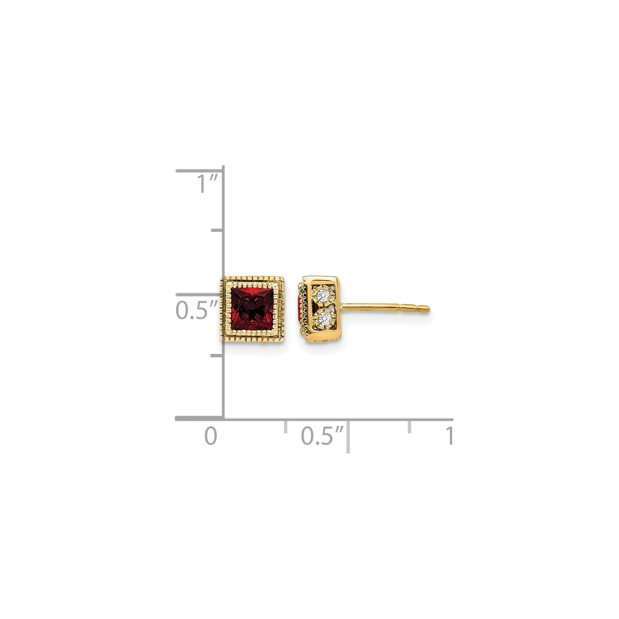 14k Yellow Gold Stud Earrings with Garnet and Diamond Accents, Princess Cut, Modern Formal Style