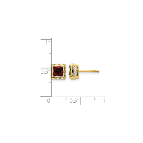 14k Yellow Gold Stud Earrings with Garnet and Diamond Accents, Princess Cut, Modern Formal Style