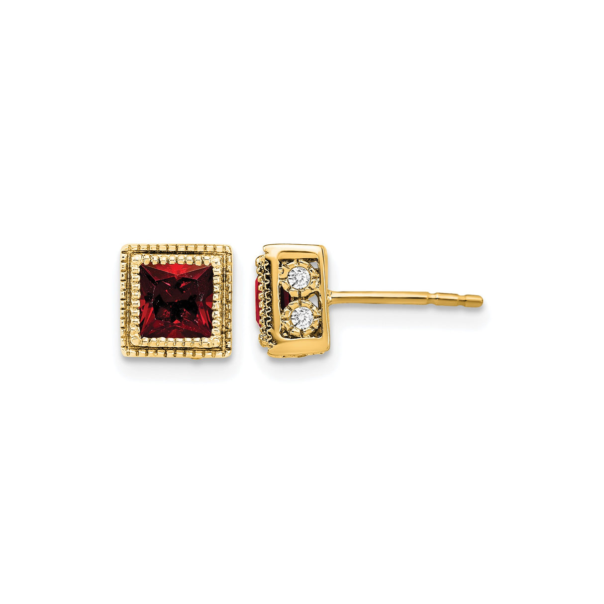 14k Yellow Gold Stud Earrings with Garnet and Diamond Accents, Princess Cut, Modern Formal Style