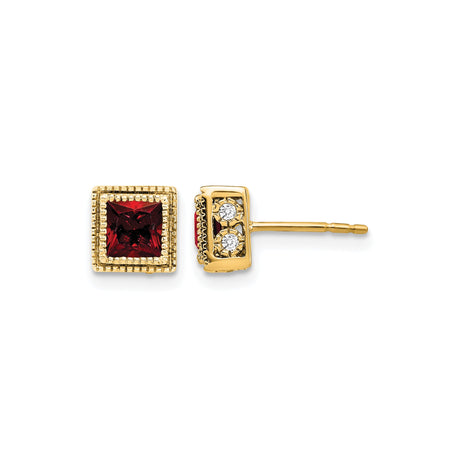 14k Yellow Gold Stud Earrings with Garnet and Diamond Accents, Princess Cut, Modern Formal Style