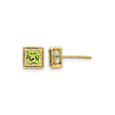 14k Yellow Gold Peridot Stud Earrings with Diamond Accents and Milgrain Detail