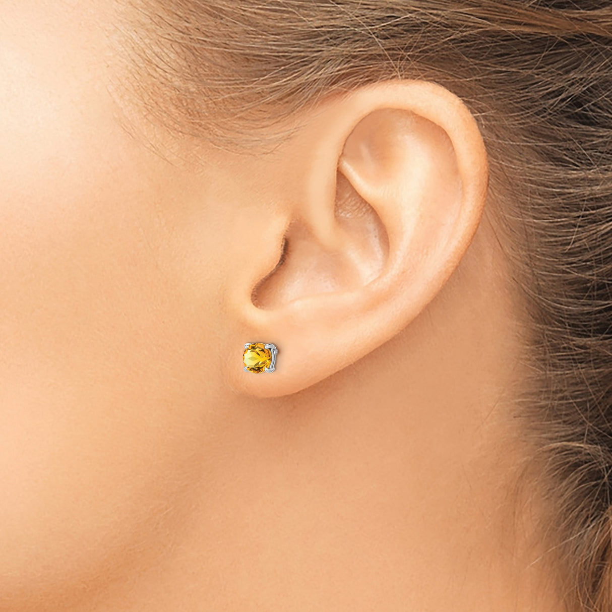 14k White Gold Citrine Stud Earrings, Round Cut Gemstone in Four-Prong Setting