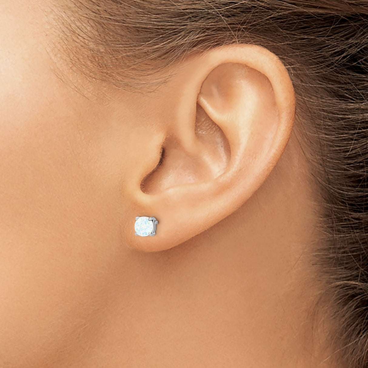 14k White Gold Stud Earrings with Created Opals, Round Four Prong Setting, Minimalist Design