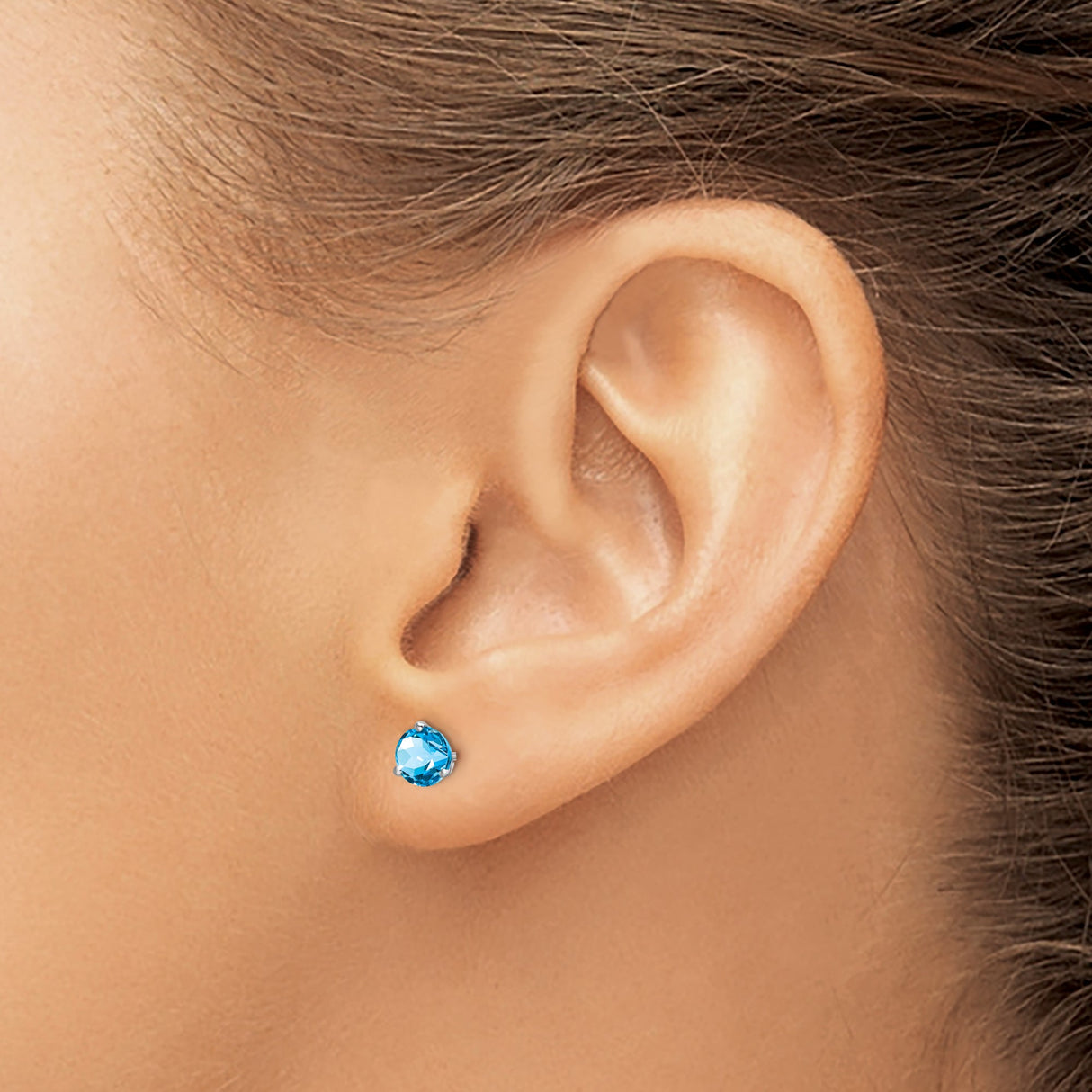 14k White Gold Blue Topaz Stud Earrings, Round 4-Prong Setting, Minimalist Design
