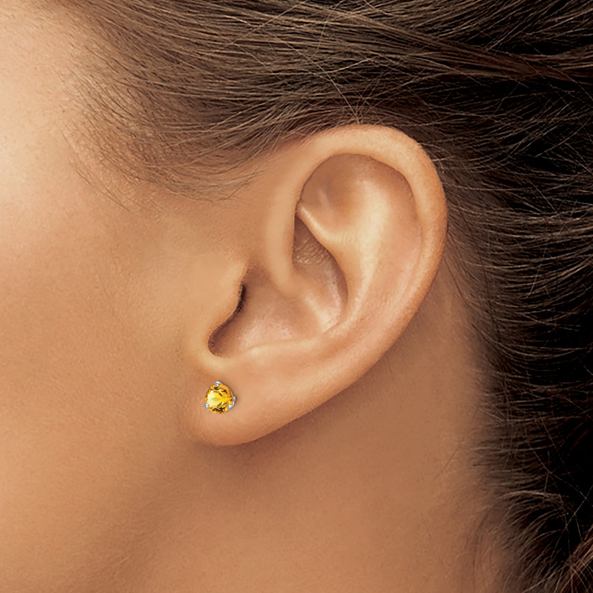 14k White Gold Citrine Stud Earrings, Round Cut Gemstone, Three Prong Minimalist Style