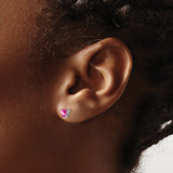 14k White Gold Pink Created Sapphire Stud Earrings, Trillion Cut, Minimalist Style