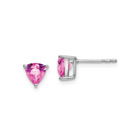14k White Gold Pink Created Sapphire Stud Earrings, Trillion Cut, Minimalist Style