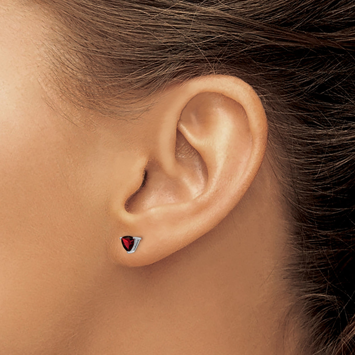 14k White Gold Garnet Stud Earrings, Trillion Cut Three Prong Minimalist Style