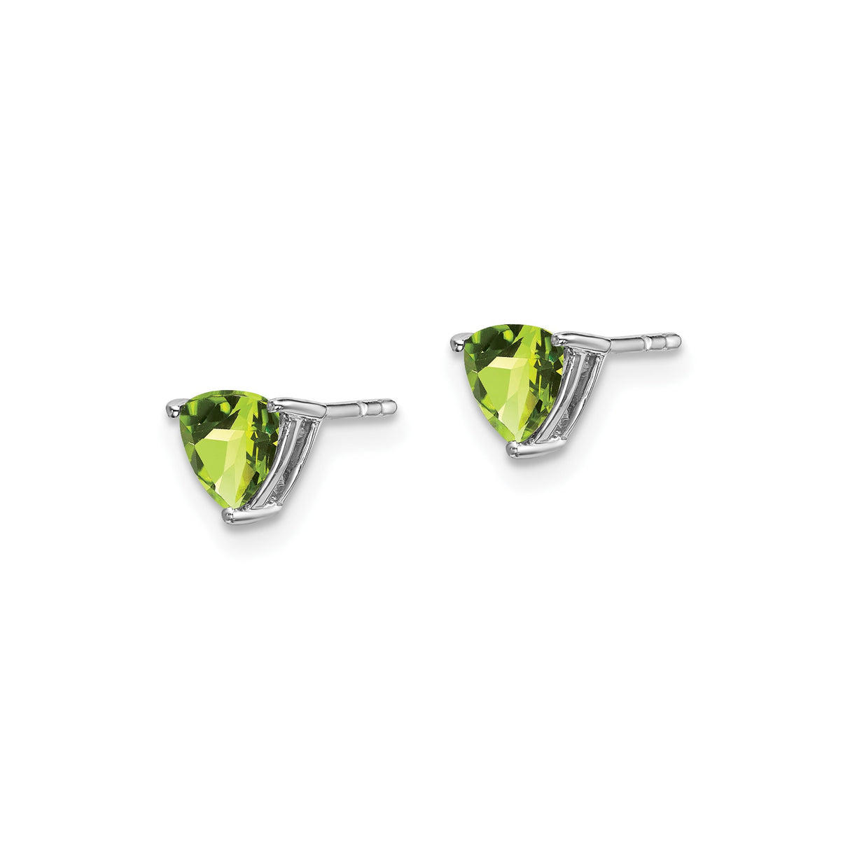 14k White Gold Peridot Stud Earrings, Trillion Cut Green Gemstone Triangle Design