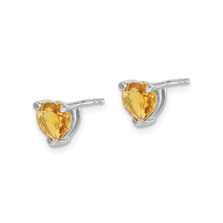 14k White Gold Heart Stud Earrings with Citrine Gemstone, Dainty Minimalist Jewelry for Women