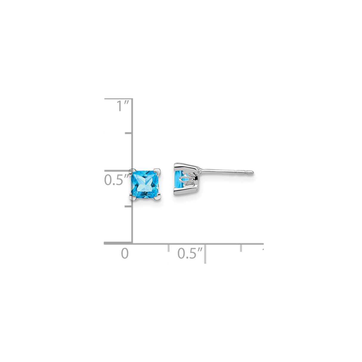14k White Gold Stud Earrings with Princess Cut Swiss Blue Topaz, Minimalist Square Setting