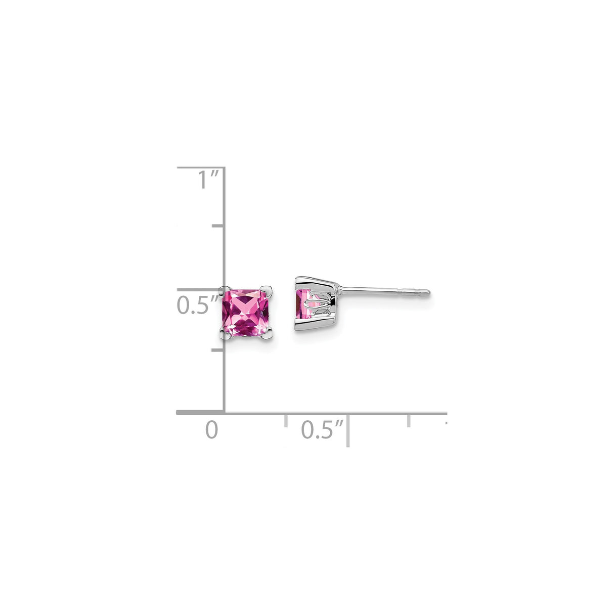 14k White Gold Square Stud Earrings with Created Pink Sapphire, Polished Prong Setting