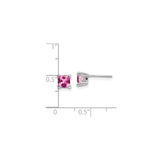 14k White Gold Square Stud Earrings with Created Pink Sapphire, Polished Prong Setting