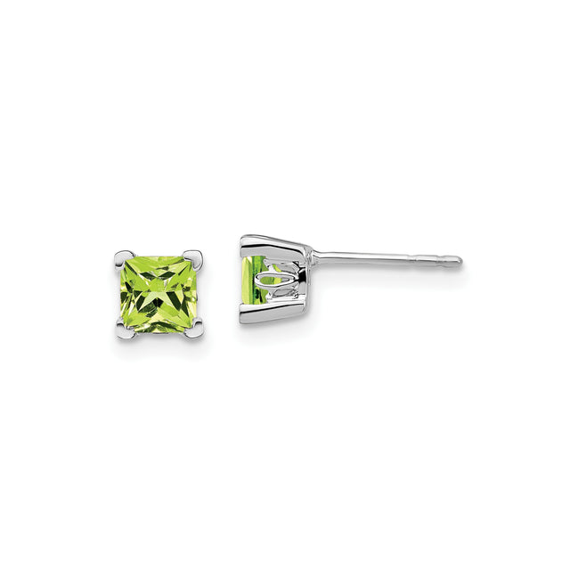 14k White Gold Peridot Stud Earrings with Square Cut Gemstones, Minimalist August Birthstone Jewelry