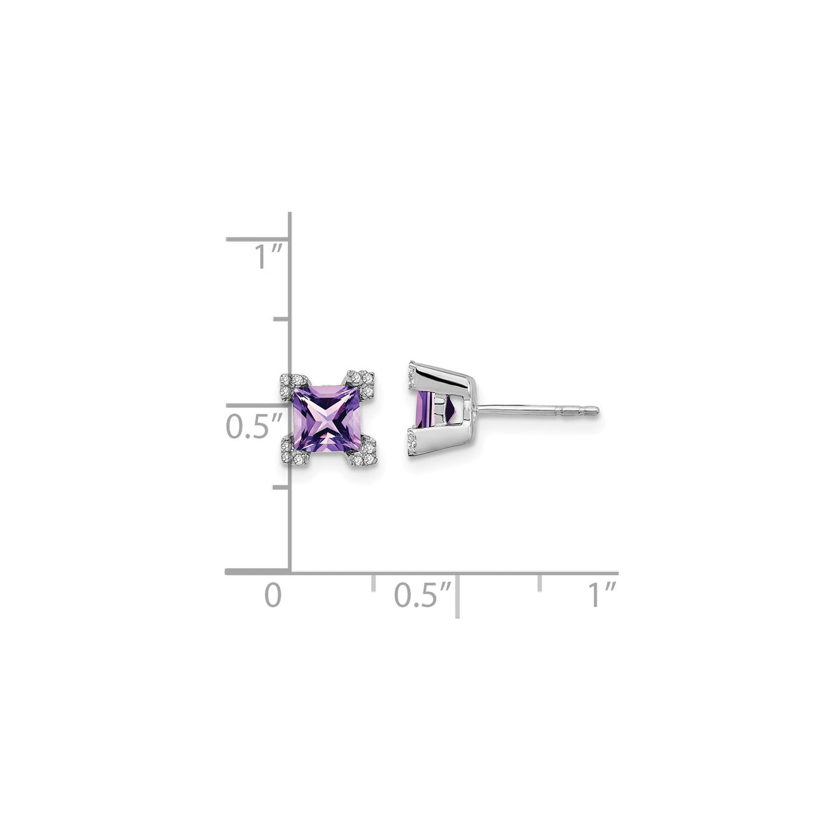 14k White Gold Amethyst Stud Earrings with Diamond Accents, Square Purple Gemstone Studs for Women