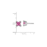 14k White Gold Stud Earrings with Created Pink Sapphire and Diamond Accents, Princess Cut, Square Setting