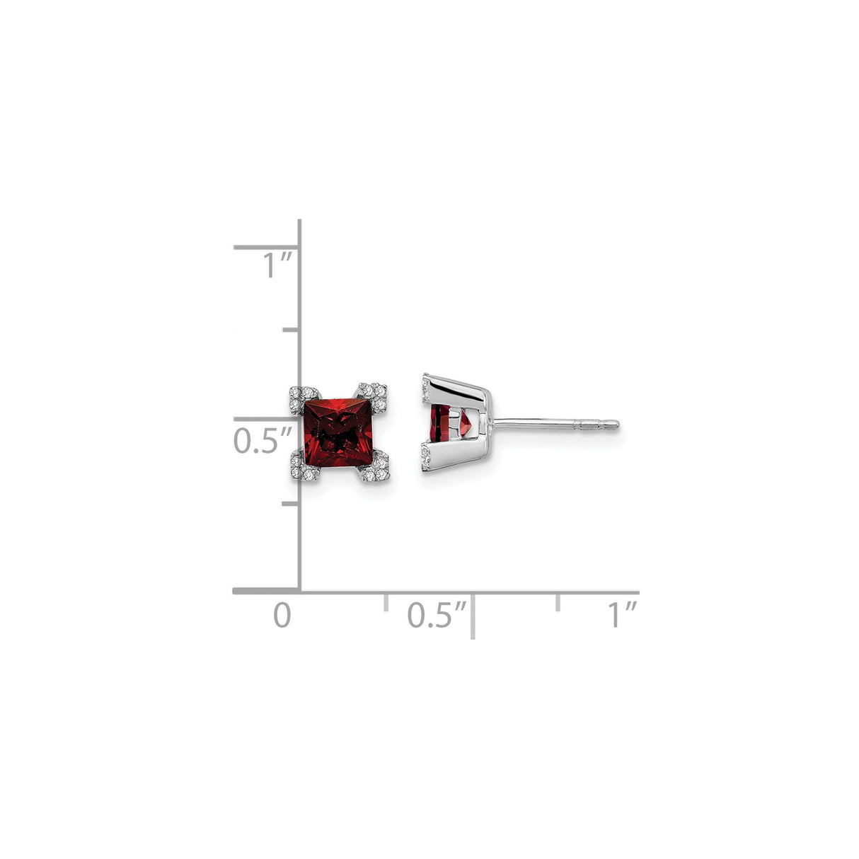 14k White Gold Stud Earrings with Princess Cut Garnet and Diamond Accents