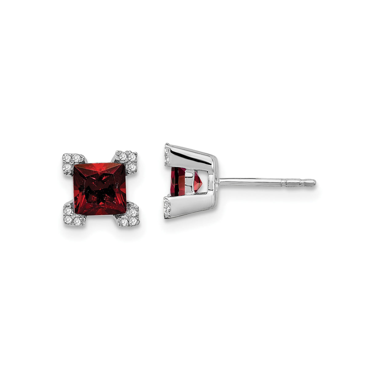14k White Gold Stud Earrings with Princess Cut Garnet and Diamond Accents