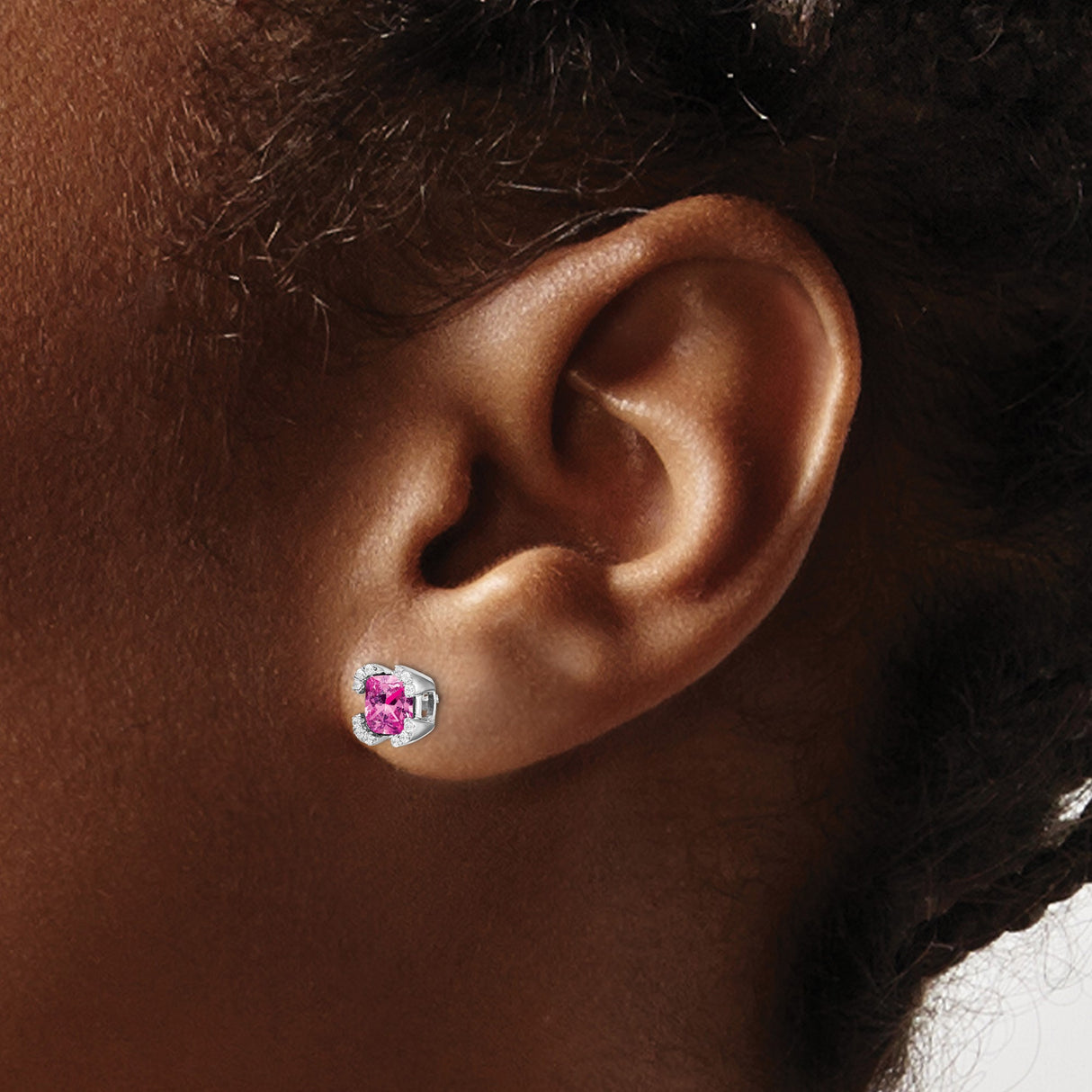 14k White Gold Stud Earrings with Cushion Cut Created Sapphire and Diamond Accents