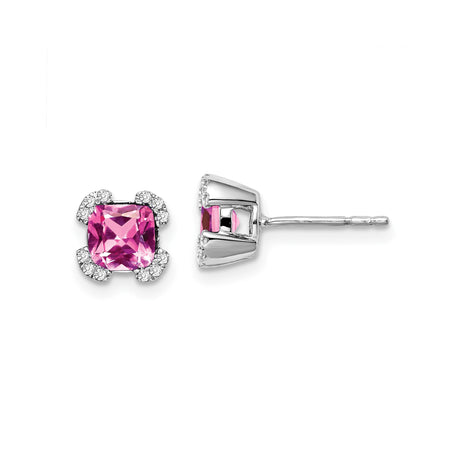 14k White Gold Stud Earrings with Cushion Cut Created Sapphire and Diamond Accents