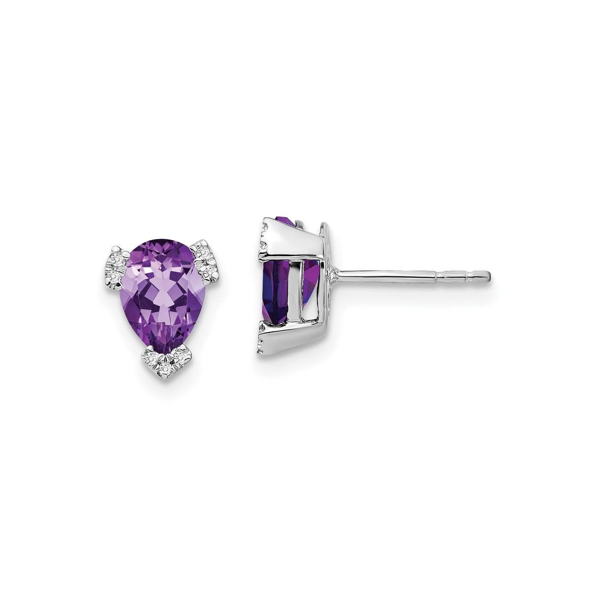 14k White Gold Stud Earrings with Pear-Shaped Amethyst and Diamond Accents