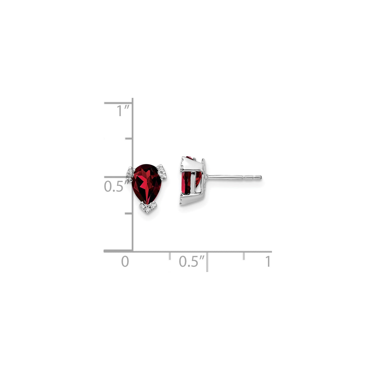 14k White Gold Garnet Stud Earrings with Diamond Accents, Pear Shaped January Birthstone