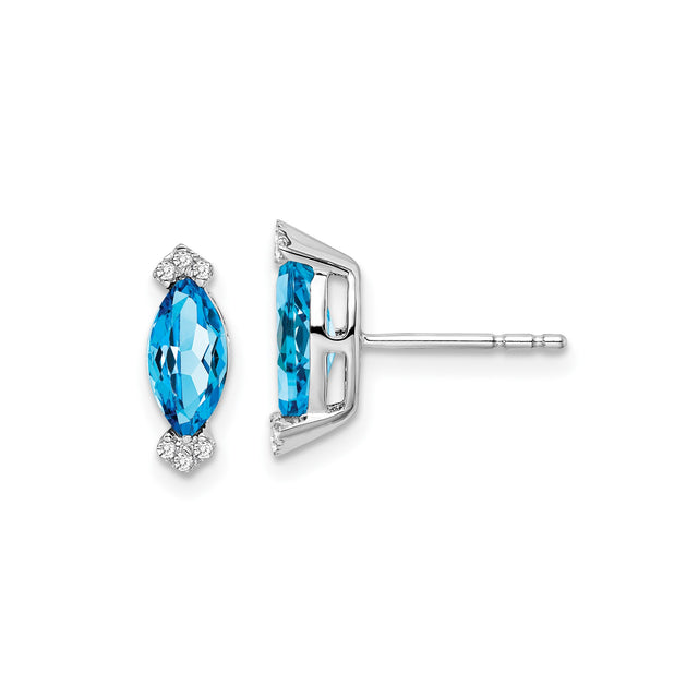 14k White Gold Stud Earrings with Marquise Swiss Blue Topaz and Diamond Accents