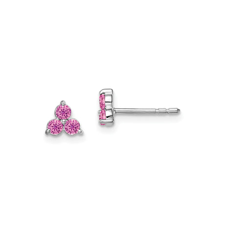 14k White Gold Triangle Stud Earrings with Lab Created Pink Sapphires, Minimalist Cluster Design