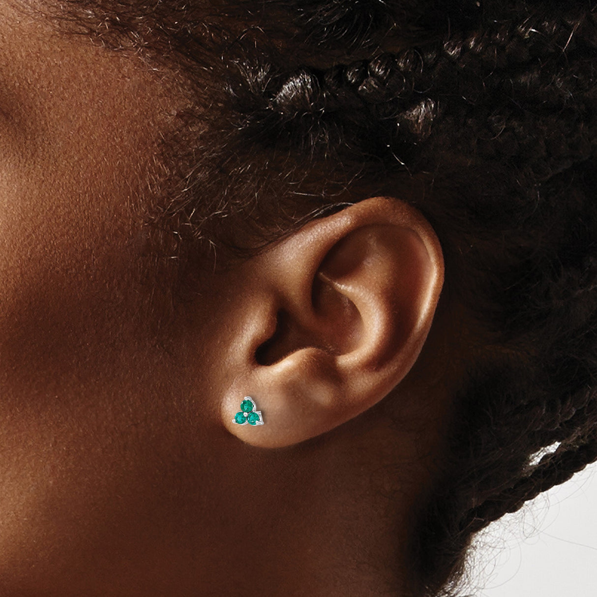 14k White Gold Triangle Stud Earrings with Created Emerald, Modern Minimalist Design